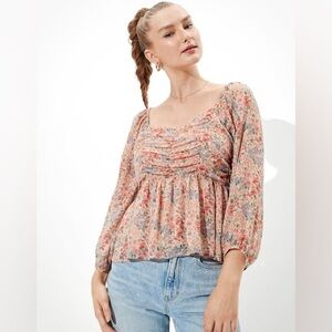 American Eagle Pink Ruched Floral Chiffon Babydoll Top Medium